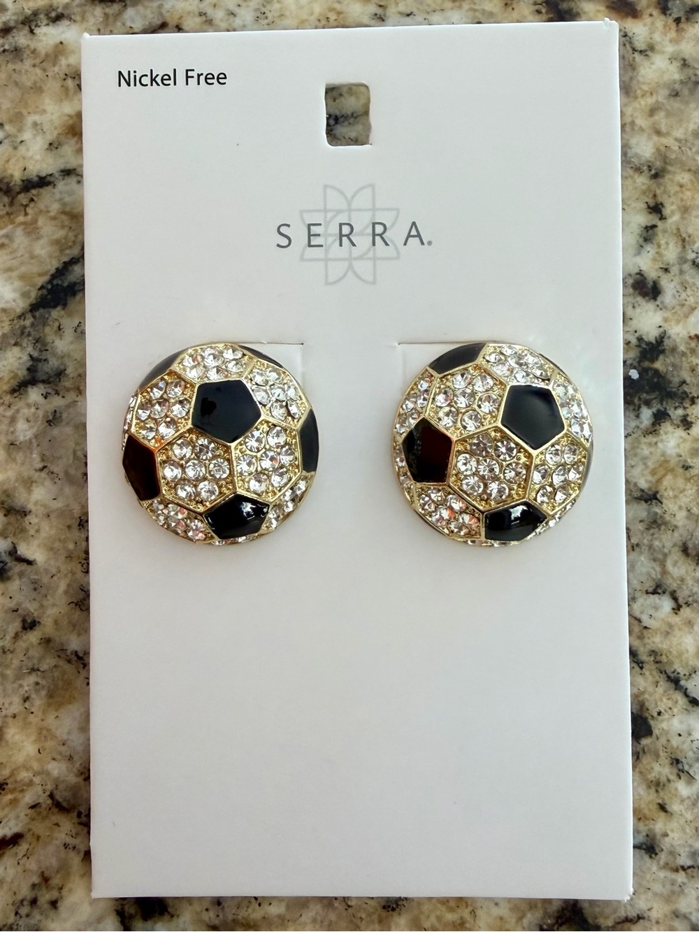 NWT Serra Gold Tone Black and Clear Crystal Soccer Motif Stud Earrings